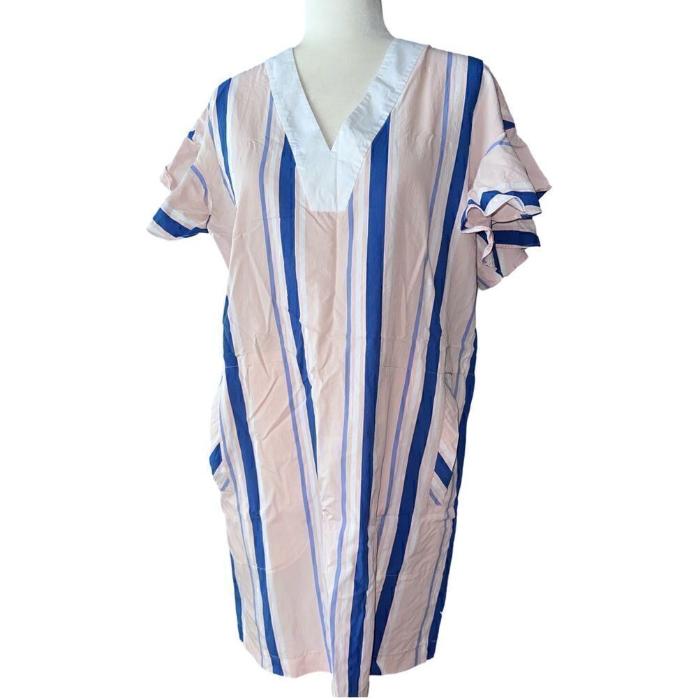 PEARL by Lela Rose Striped Ruffle Sleeve Pink Blue Designer Sheath Mini Dress S